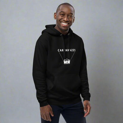 Man wearing black hoodie with carparazzi and car design