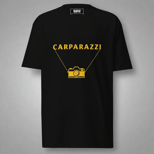 Black t-shirt with yellow carparazzi and camera design