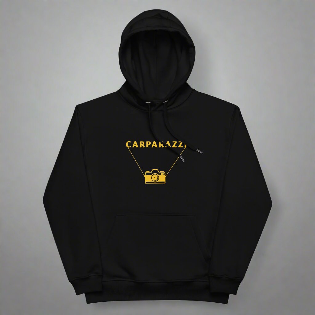 Black hoodie with yellow carparazzi and camera desgin