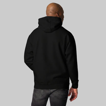 Person wearing a black hoodie from behind on a gray background