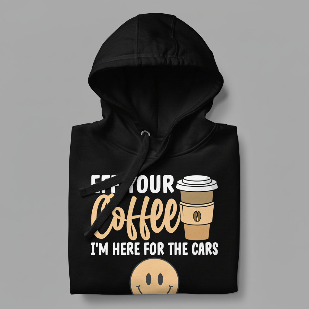 Black hoodie with coffee cup graphic and text on a gray background