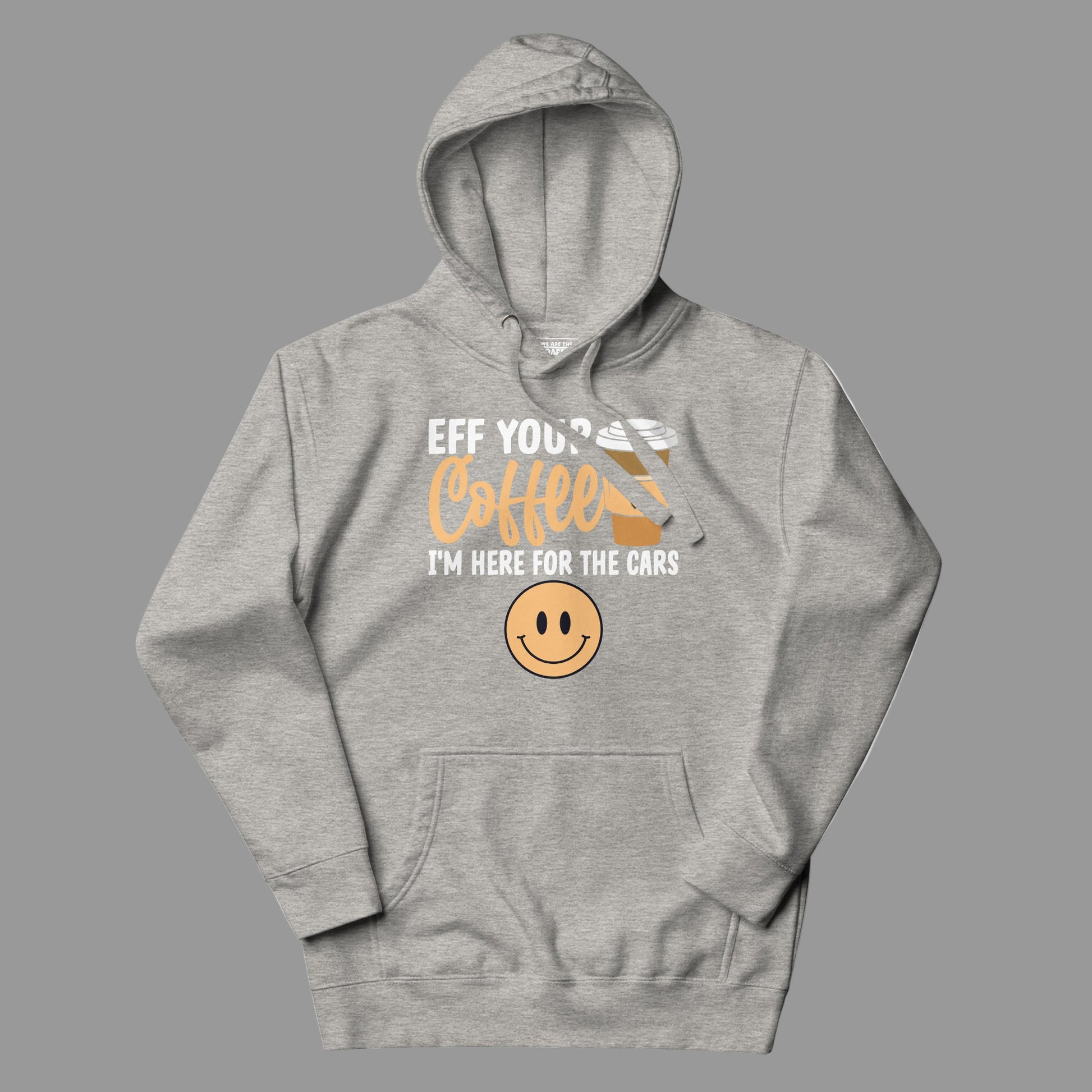 Gray hoodie with text and smiley face design on a white background