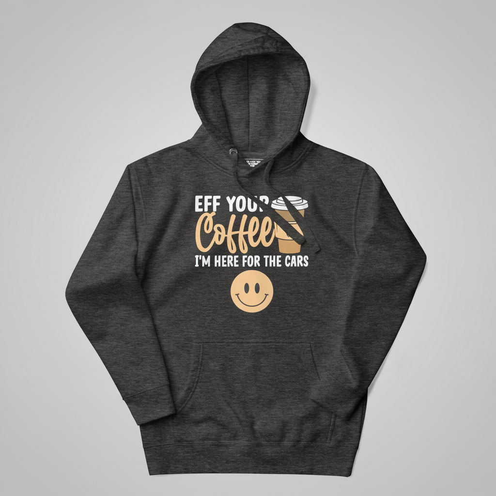 Dark gray hoodie with a graphic design and text on a white background