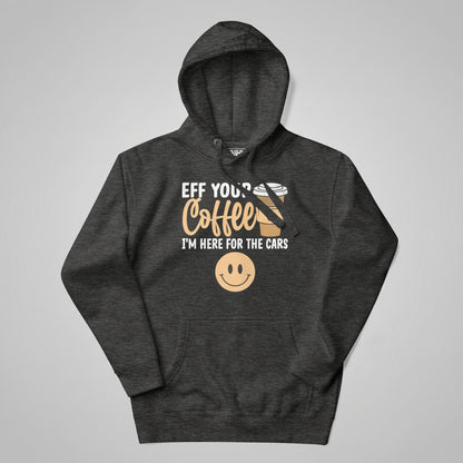 Dark gray hoodie with a graphic design and text on a white background