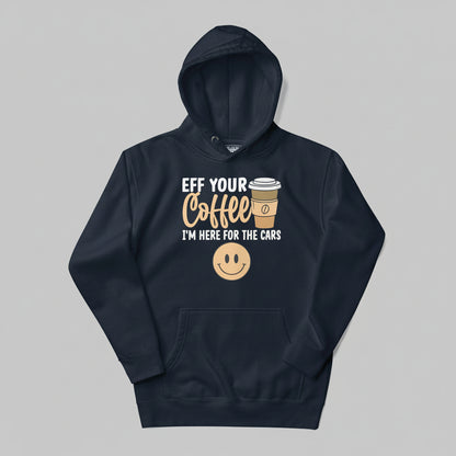 Navy blue hoodie with humorous text and smiley face design on a white background