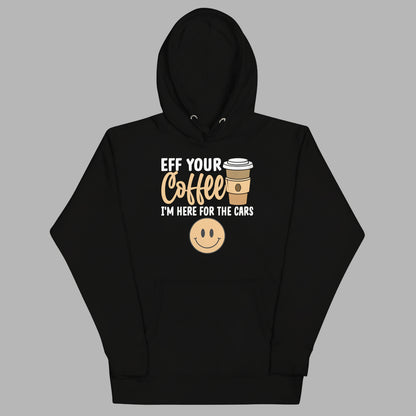 Black hoodie with text and coffee cup graphic on a white background