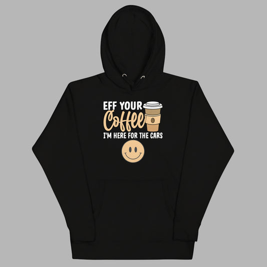 Black hoodie with text and coffee cup graphic on a white background