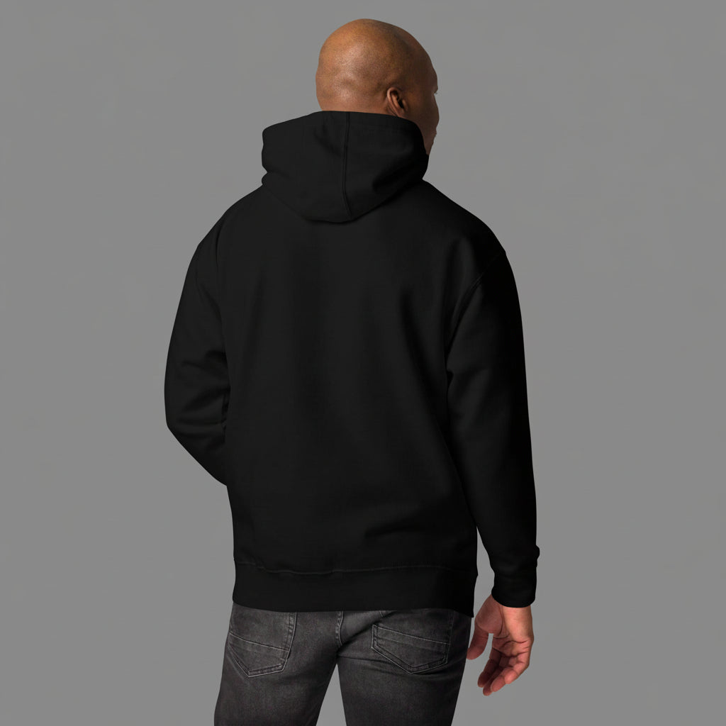 Person wearing a black hoodie from behind on a gray background