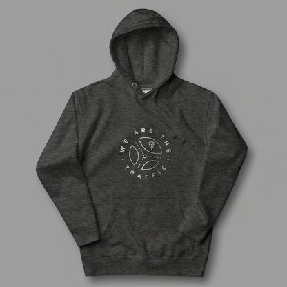 Dark gray hoodie with 'We Are The Traffic' logo on a gray background