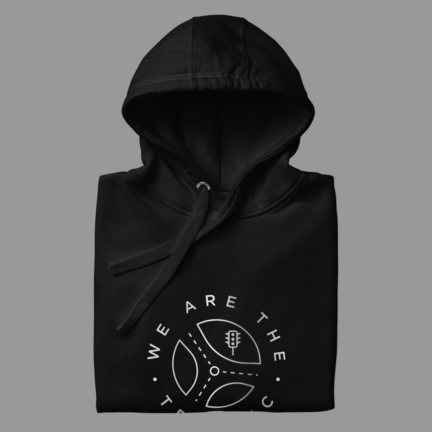Black hoodie with 'We Are The' text and design on a gray background
