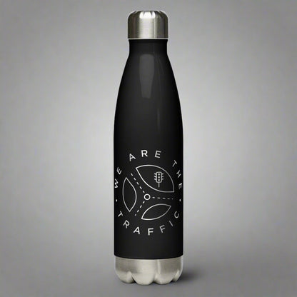 Black  and stainless steel water bottle with the We Are The Traffic logo with steering wheel and traffic light design.