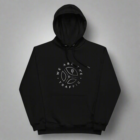 Black hoodie with gray circular logo