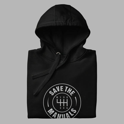 Black hoodie folded with 'Save the Manuals' logo on ag ray background