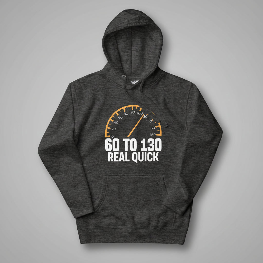 Dark gray hoodie with a speedometer graphic and text on a white background