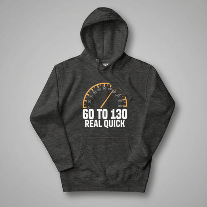 Dark gray hoodie with a speedometer graphic and text on a white background