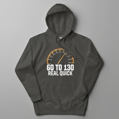 Dark gray hoodie with a speedometer graphic and text on a white background