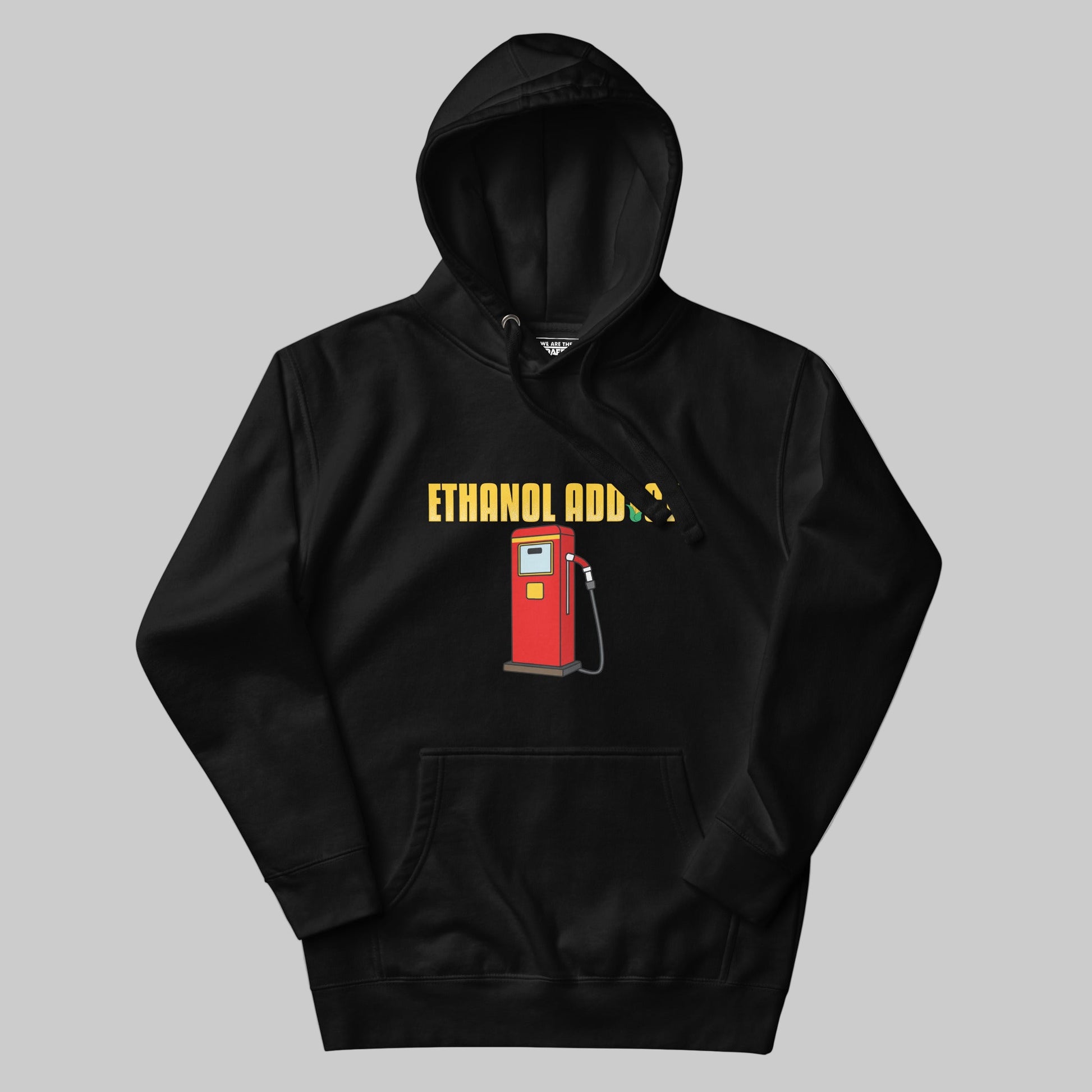Black hoodie with a red ethanol pump graphic and text on a gray background