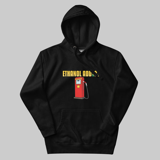 Black hoodie with a red ethanol pump graphic and text on a gray background