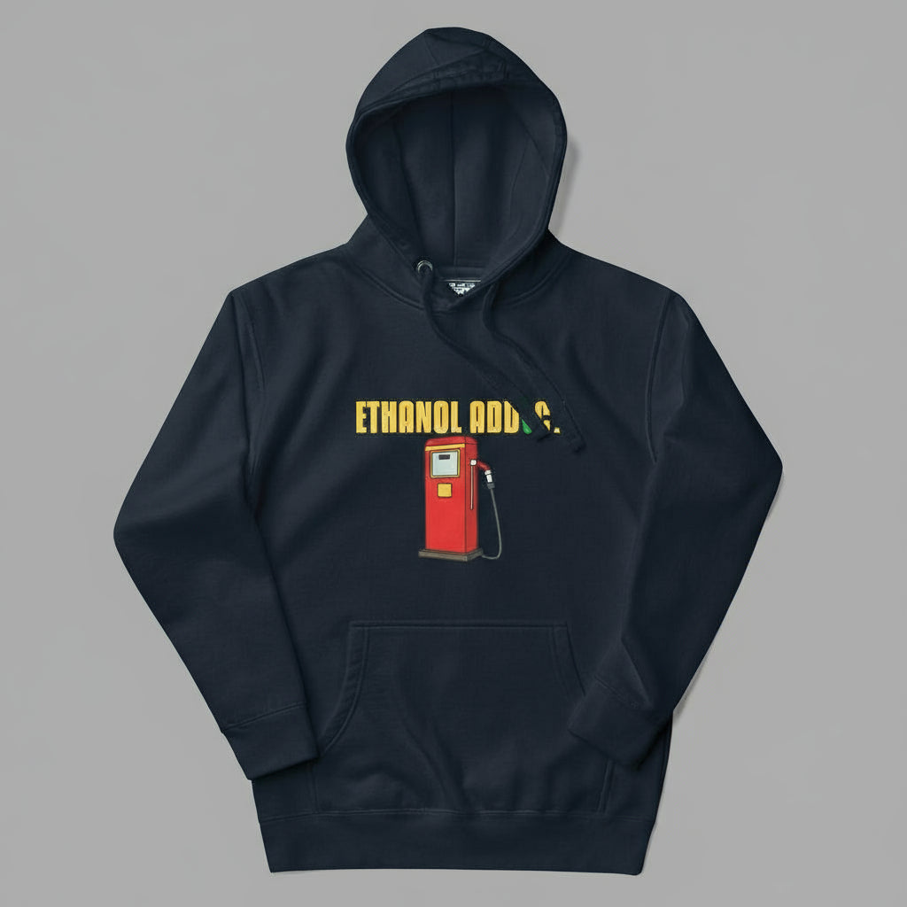 Navy hoodie with a red ethanol pump graphic on a gray background