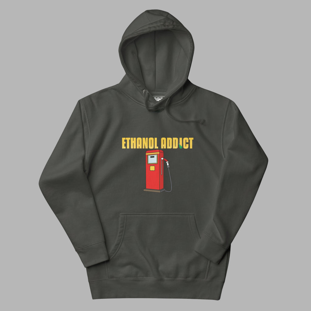 Dark gray hoodie with a graphic of a red gas pump and 'ETHANOL ADDICT' text on a gray background