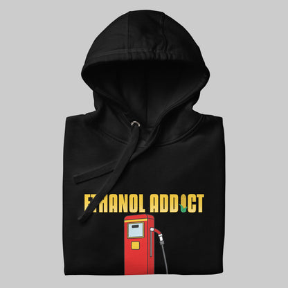 Black hoodie with 'Ethanol Addict' and ethanol pump graphic on a gray background