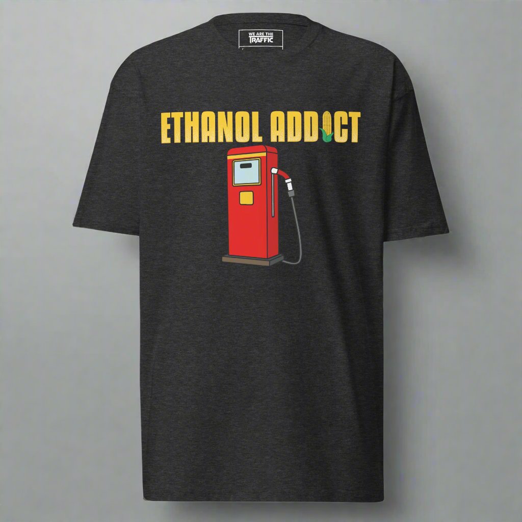 Charcoal gray t-shirt with ethanol addict and gas pump design