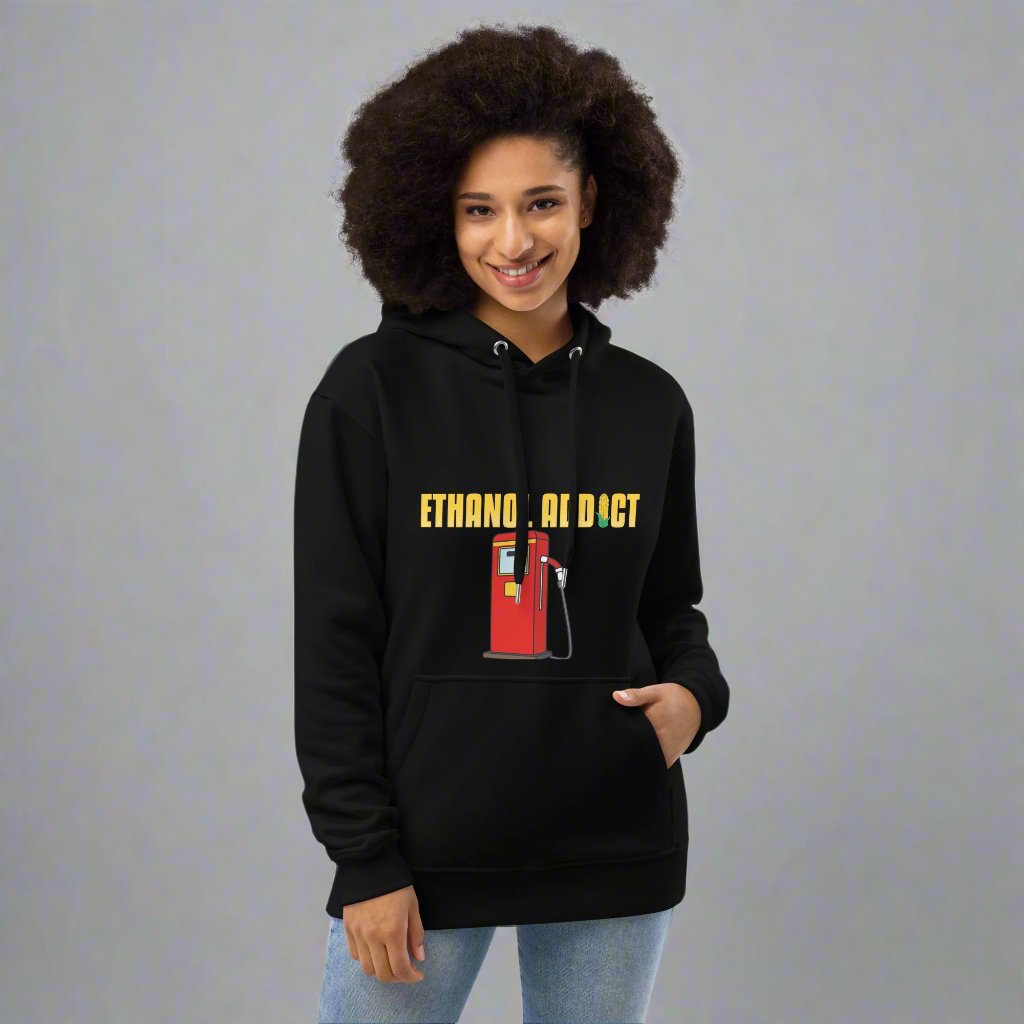 Woman wearing black hoodie with ethanol addict and gas pump design