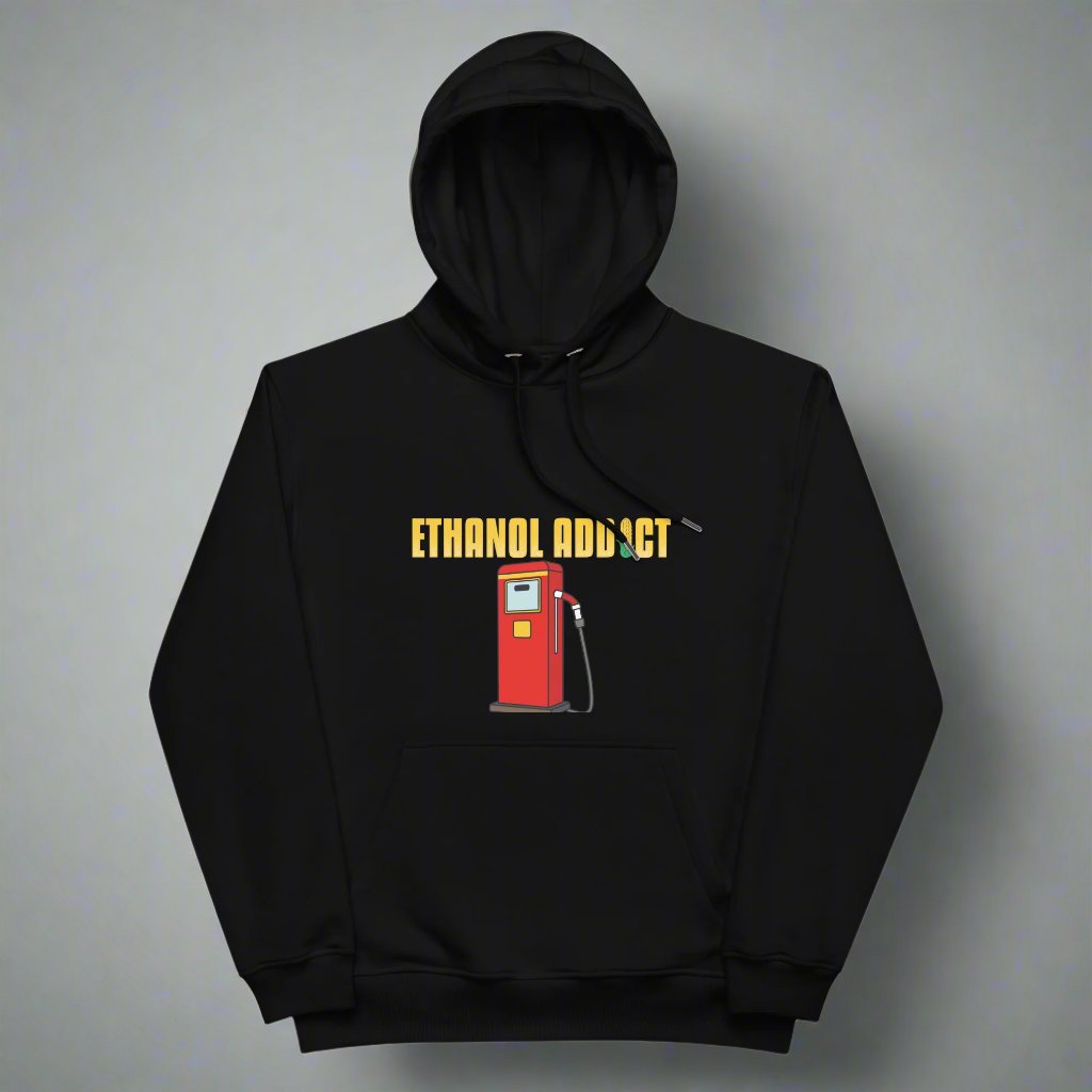 Black hoodie with ethanol addict and gas pump design