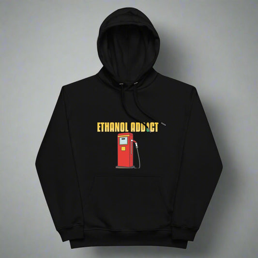 Black hoodie with ethanol addict and gas pump design