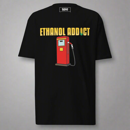 black t-shirt with ethanol addict and gas pump design