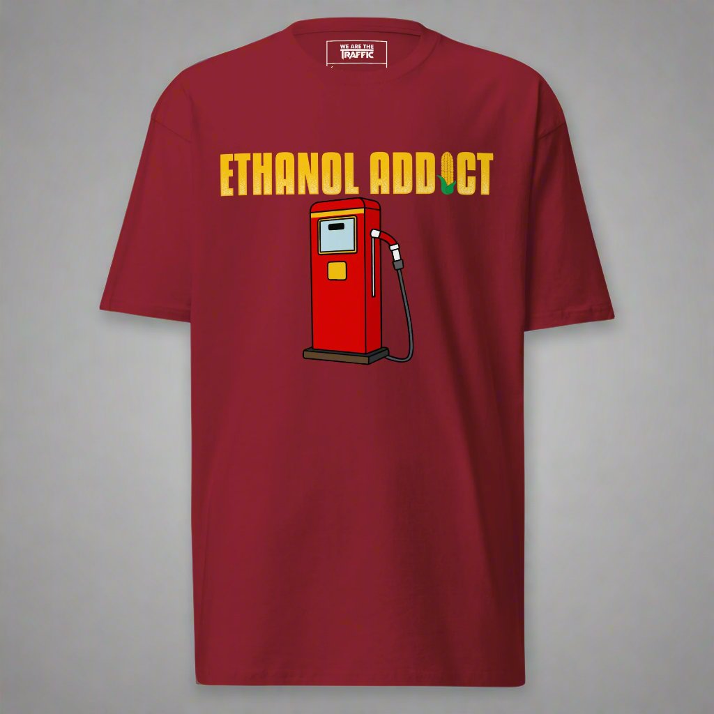 red t-shirt with ethanol addict and gas pump design