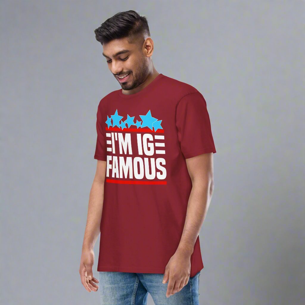 man wearing red t-shirt with I'm IG Famous design