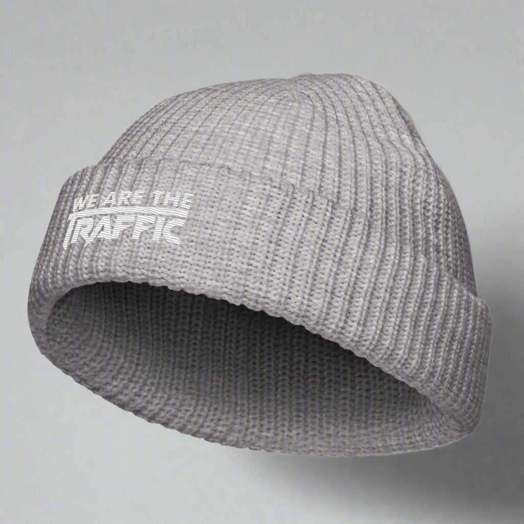 gray knit beanie with logo