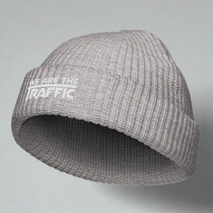 gray knit beanie with logo