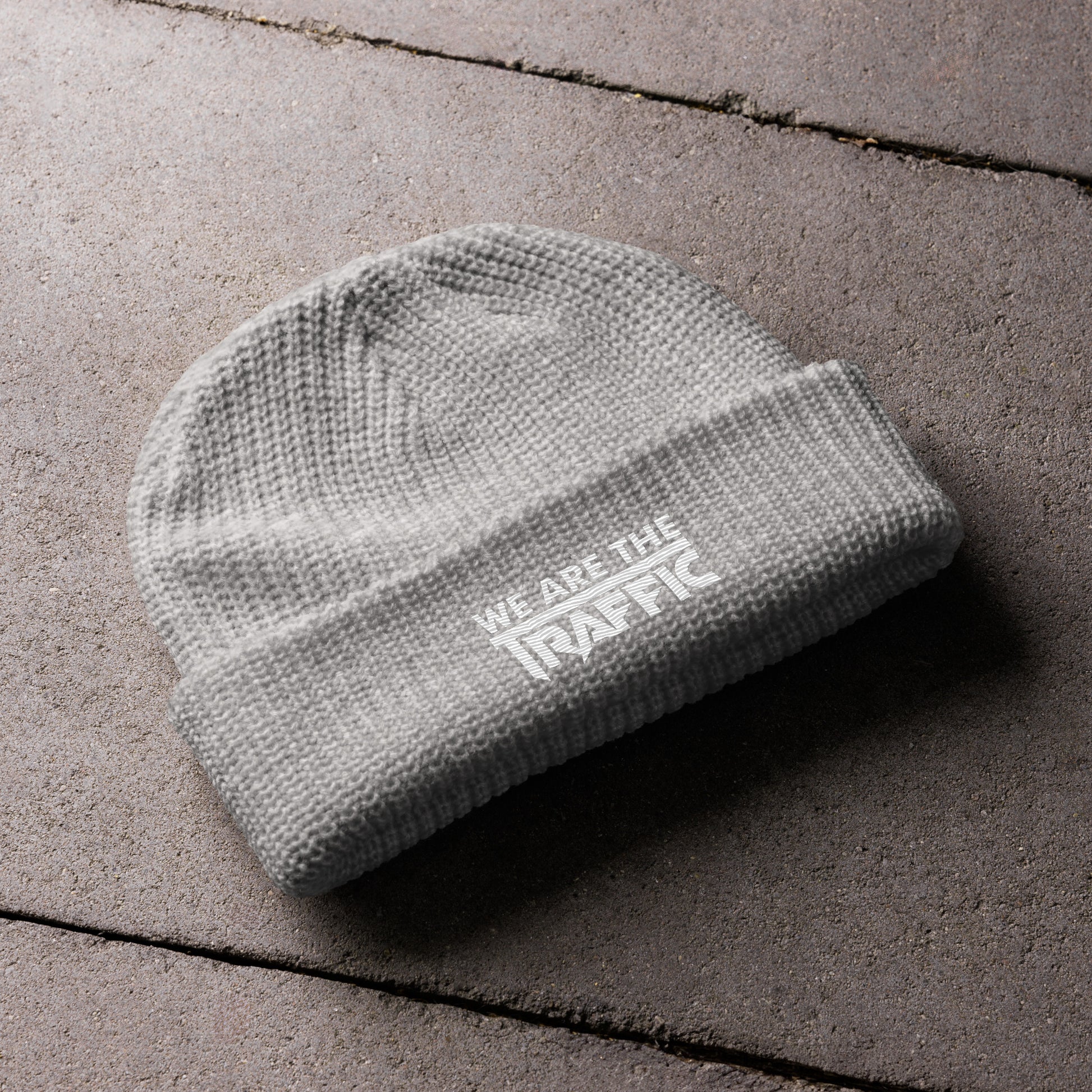 gray knit beanie with logo