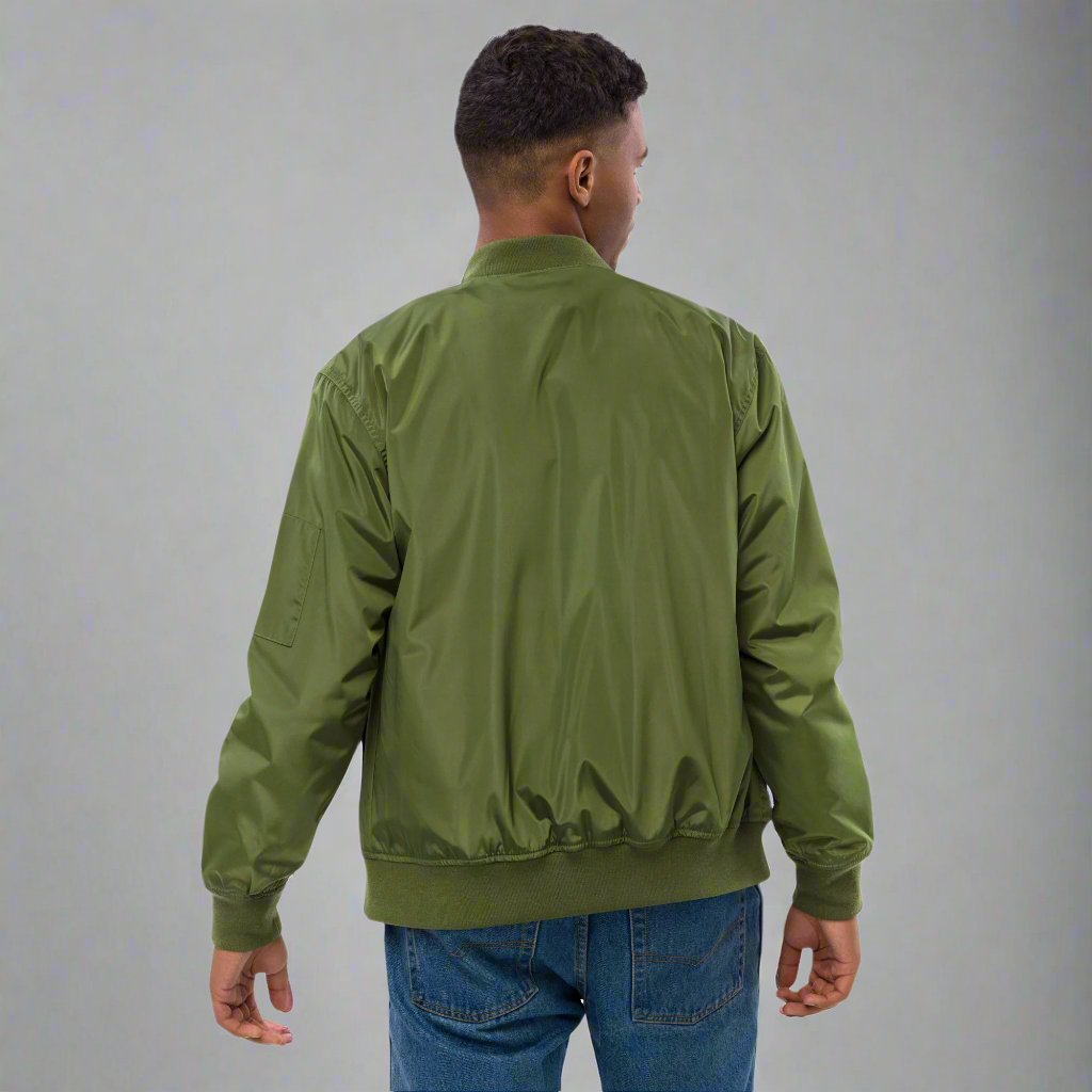 man facing backwards with green bomber jacket