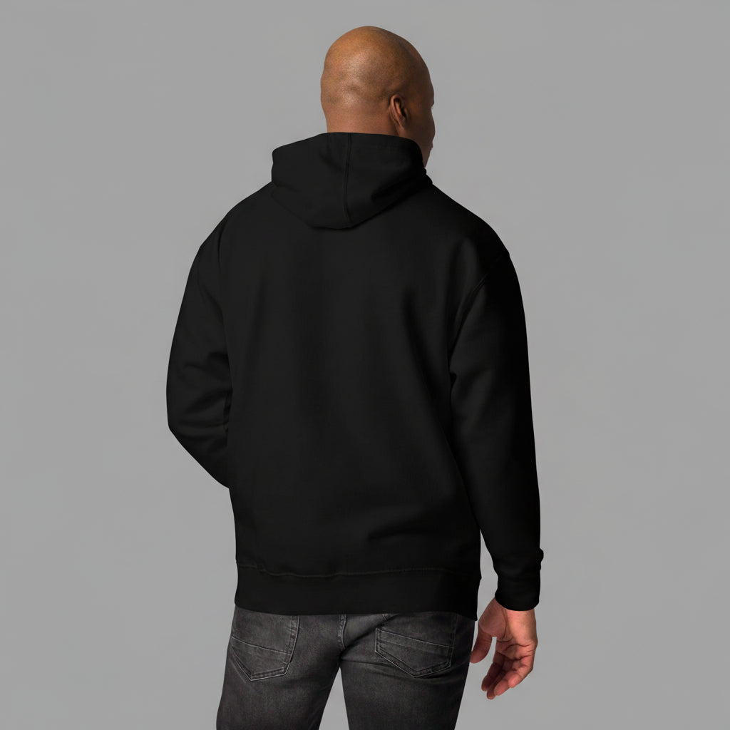 Person wearing a black hoodie from behind on a white background