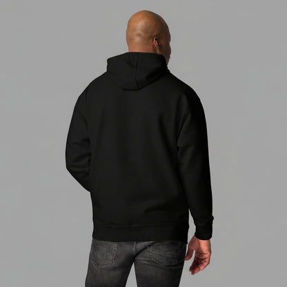 Person wearing a black hoodie from behind on a white background