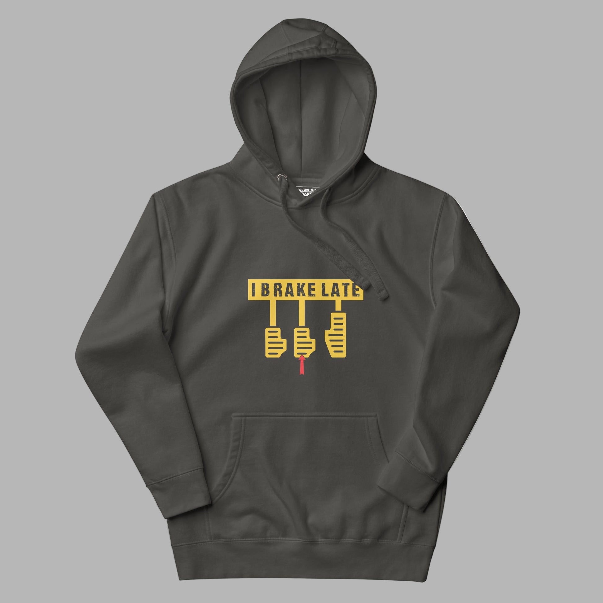 Dark gray hoodie with yellow graphic design on a white background