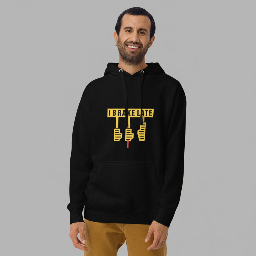 Man wearing a black hoodie with yellow text and break graphics on a white background