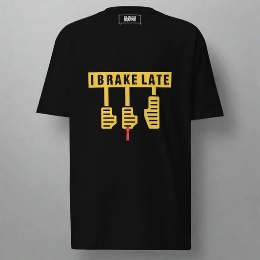 Black t-shirt with gold i brake late design