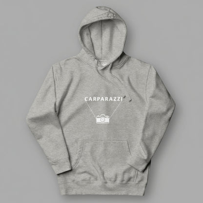 Gray hoodie with white 'CARPARAZZI' and camera logo on a gray background