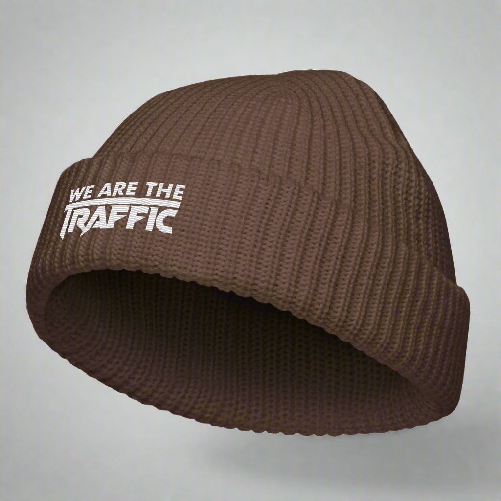 brown knit had with logo