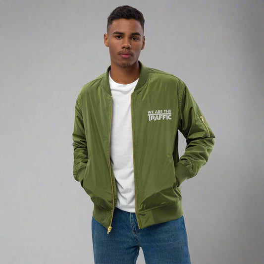 male model in army green bomber jacket