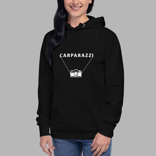 Person wearing a black hoodie with white 'CARPARAZZI' and a camera logo on a gray background