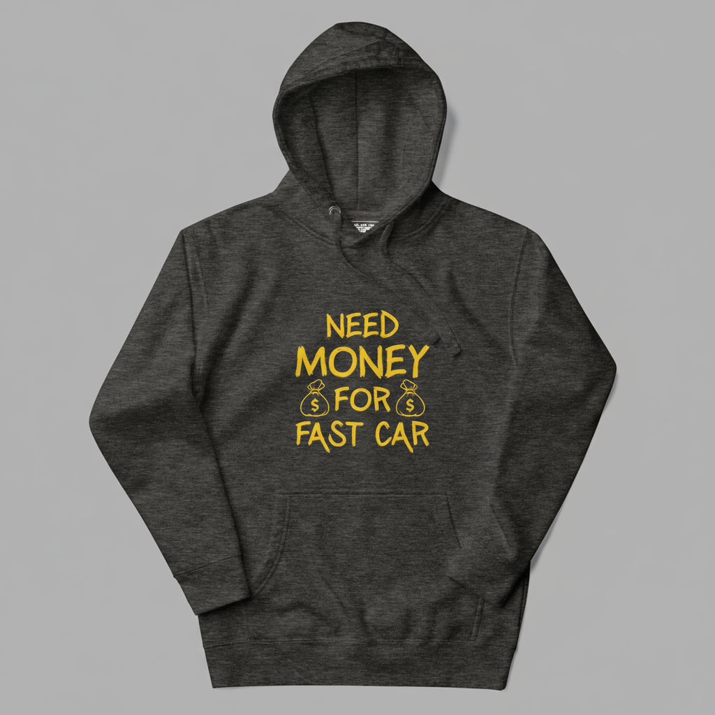 Dark gray hoodie with yellow text on a gray background