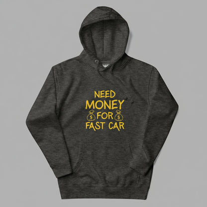 Dark gray hoodie with yellow text on a gray background