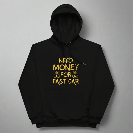 flat lay of a black hoodie with need money for fast car design in gold