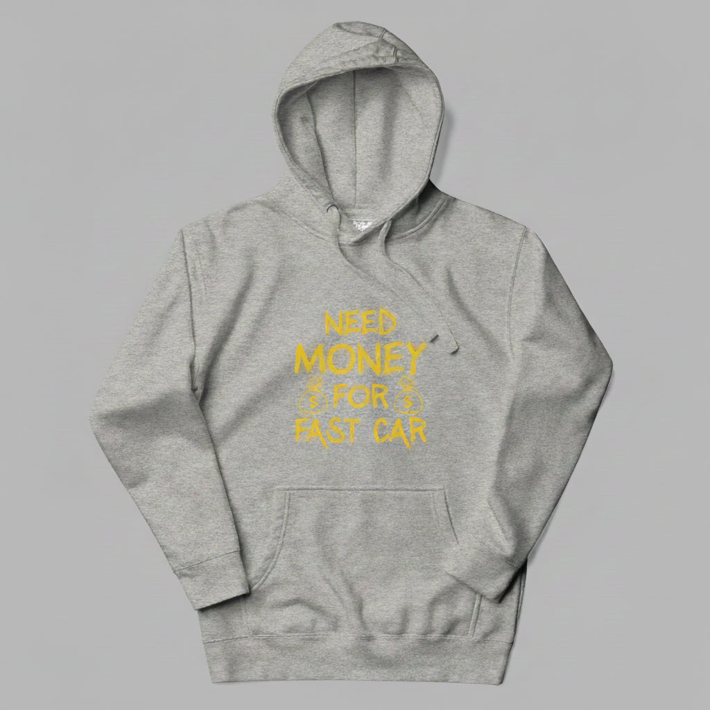 Gray hoodie with yellow text on a gray background