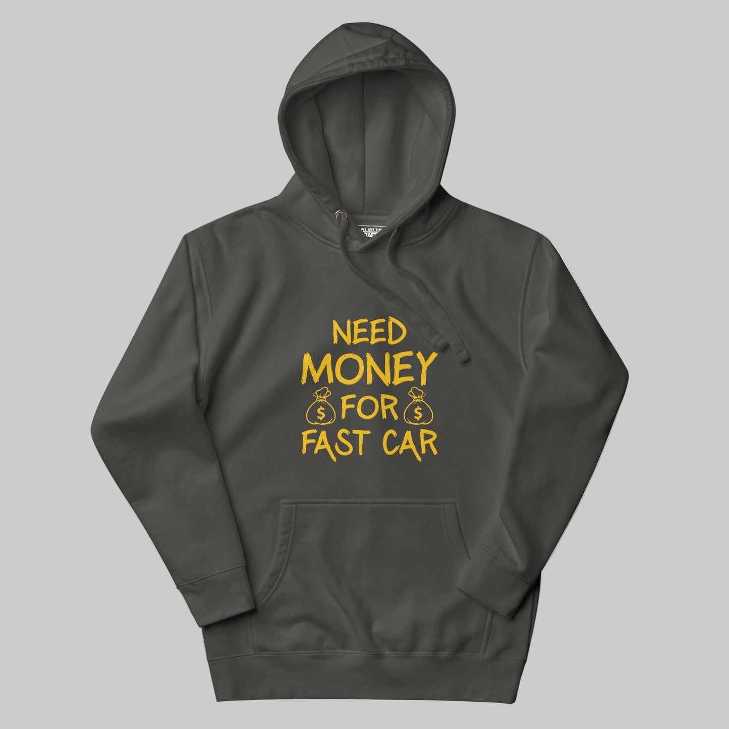 Dark gray hoodie with yellow text on a white background